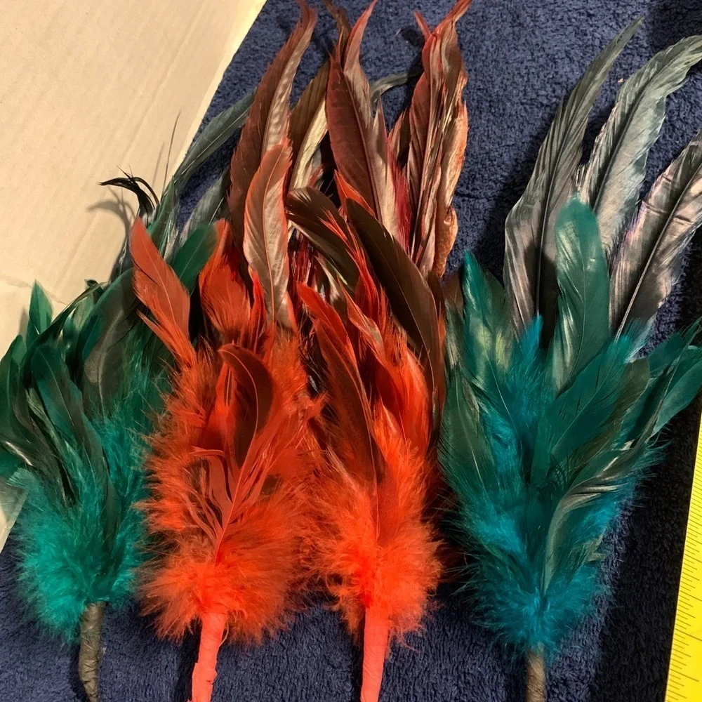 4 Green Red Dyed Pheasant Feather Pick Spray Stem 14